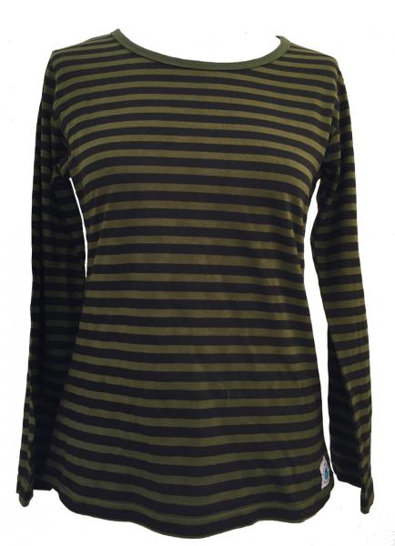 Fair Trade Cotton Classic Stripey Green & Black Ladies Long Sleeve Fitted T Shirt