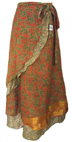 Fair Trade Full Length Vintage Sari Silk  Reversible Wrap Skirt - Orange / Green Design