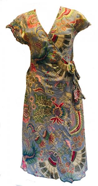 Grey Exotic Flower Soft Cotton Wrap Dress / Over Dress / Cover Up - Fair Trade