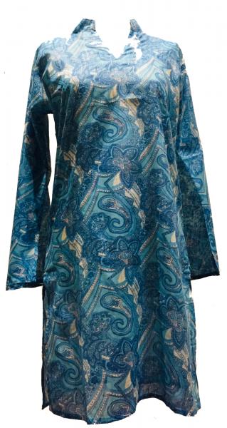 Beautiful  Floaty Cotton Kaftan - Pale Blue Paisley Print - Fair Trade