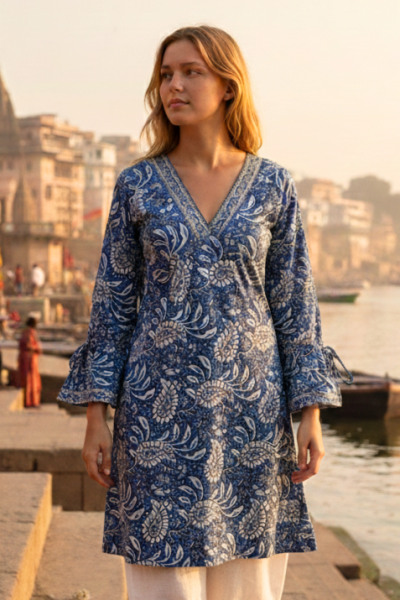 Paisley Print Kaftan Top Soft Indian Cotton Block Print Cobalt Blue Sizes 8 - 16