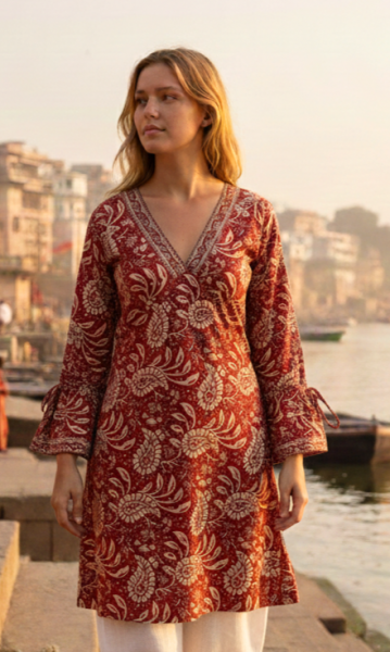 Paisley Print Kaftan Top Soft Indian Cotton Block Print Ruby Red Sizes 8 - 16
