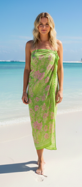 Sarong Beach Coverup Batik from Bali Large Size Pale Green & Pink Flowers