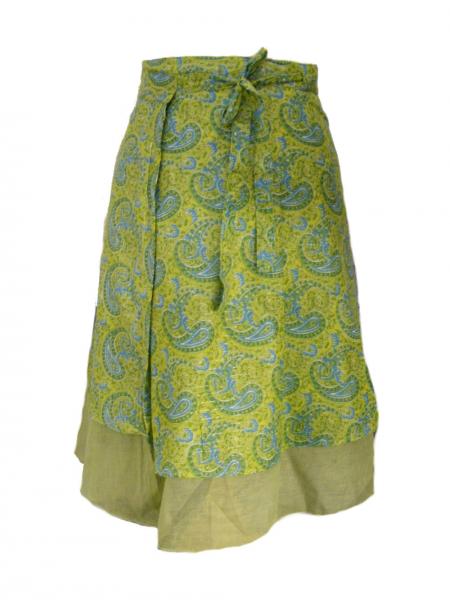 Fair Trade Double Layered Midi Length Swish Wrap Skirt - Lime with Pale Green Underskirt