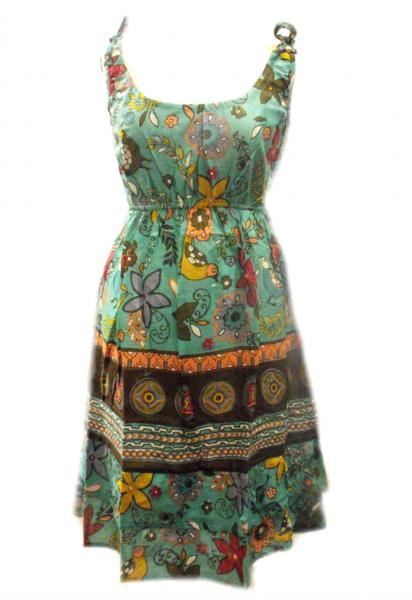 Cotton Colourful Short Sundress -  Turquoise Exotic Hattie Bird Print - Fair Trade