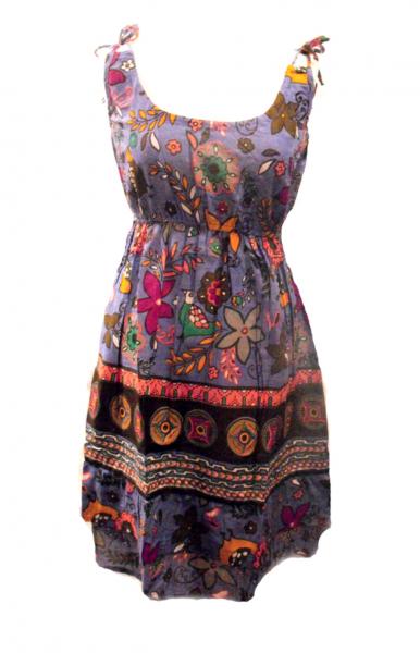Cotton Colourful Short Strappy Sundress - Purple Exotic Bird Print - Fair Trade