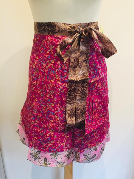 Fair Trade Short Sari Silk  Reversible Tiered Wrap Skirt - Hot Pink / Pale Pink Design